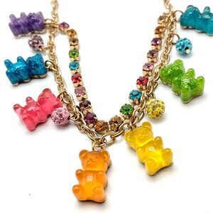 Betsey Johnson Gummy Bear Charm Necklace Colorful Resin Bears & Rhinestone NWOT
